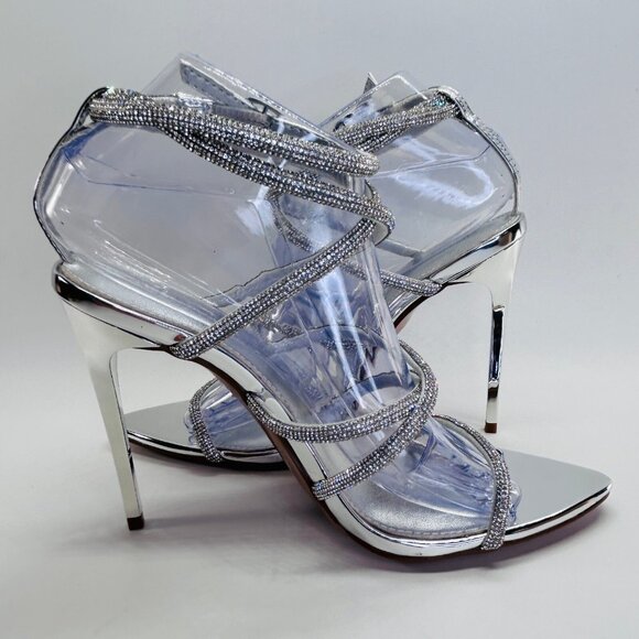 Steve Madden Struts Heels Size 8M Clear Rhinestone Stiletto Silver Sandals - Picture 2 of 16